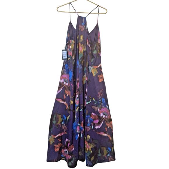 Nicole Miller Maxi Dress L Purple Floral Boho Pockets Shelf Bra NWT Fall Vibes - Picture 2 of 10